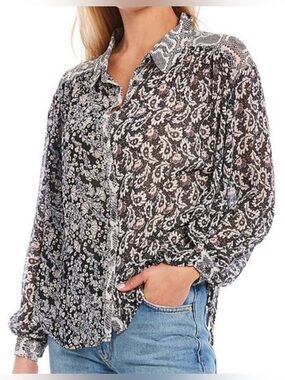 FREE PEOPLE Dani Button Down Top Pieced Print Top Size Small Boho Baddie Casual